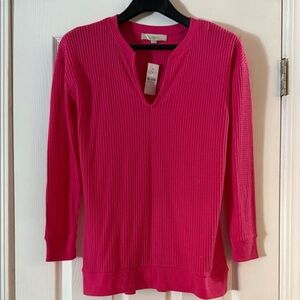 LOFT V-Neck Ribbed Sweater in Vibrant Pink